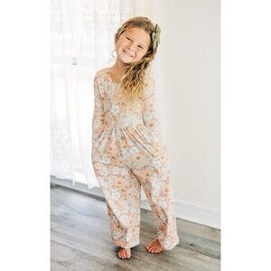 Cheeky Plum Ivy Romper Girls 3T Apricot Peach Floral Long Sleeve Jumpsuit Boho